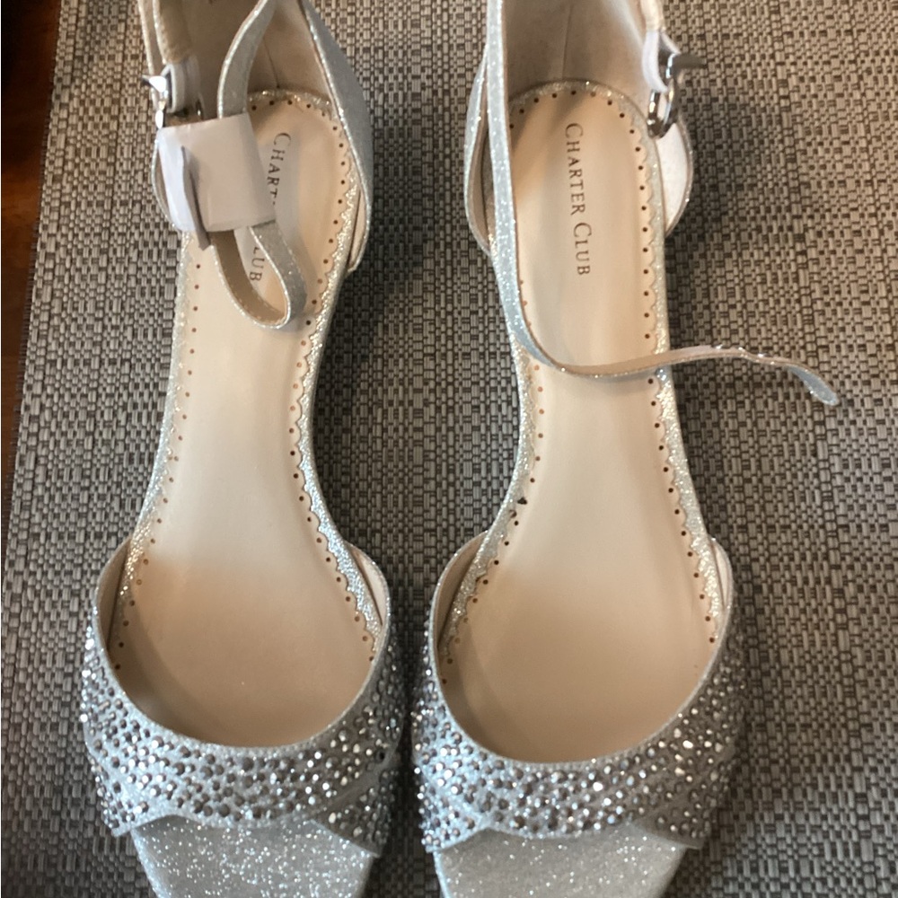 Charter Club Silver Heels with Rhinestone Embellishments